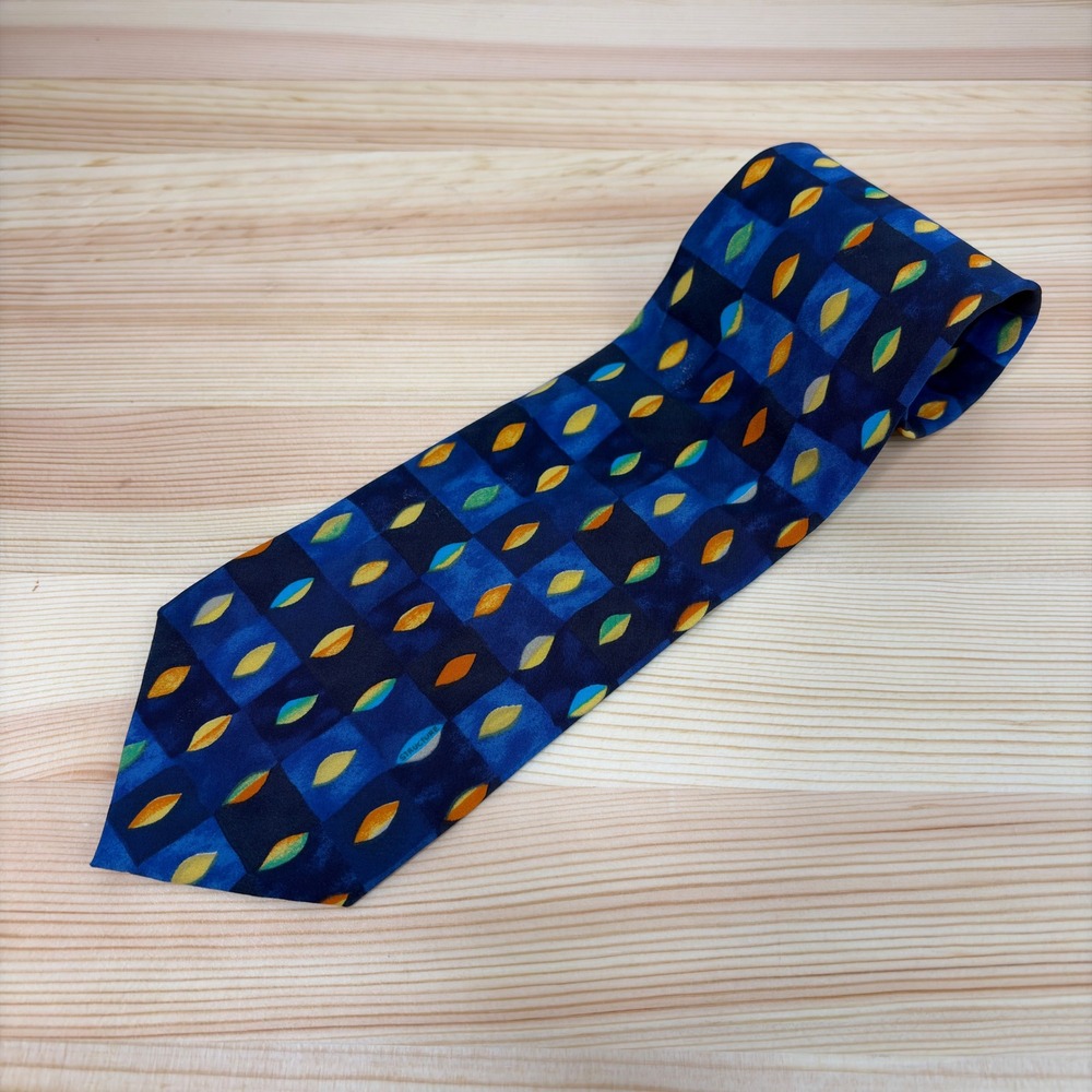 VTG STRUCTURE Silk Tie Men‎ Blue Geometric Leaf Check USA Made Abstract Colorful